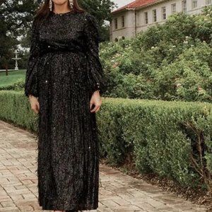 Antonio Melani x Nicola Bathie Nicola Sequin Long Sleeve Feathered A-Line Dress